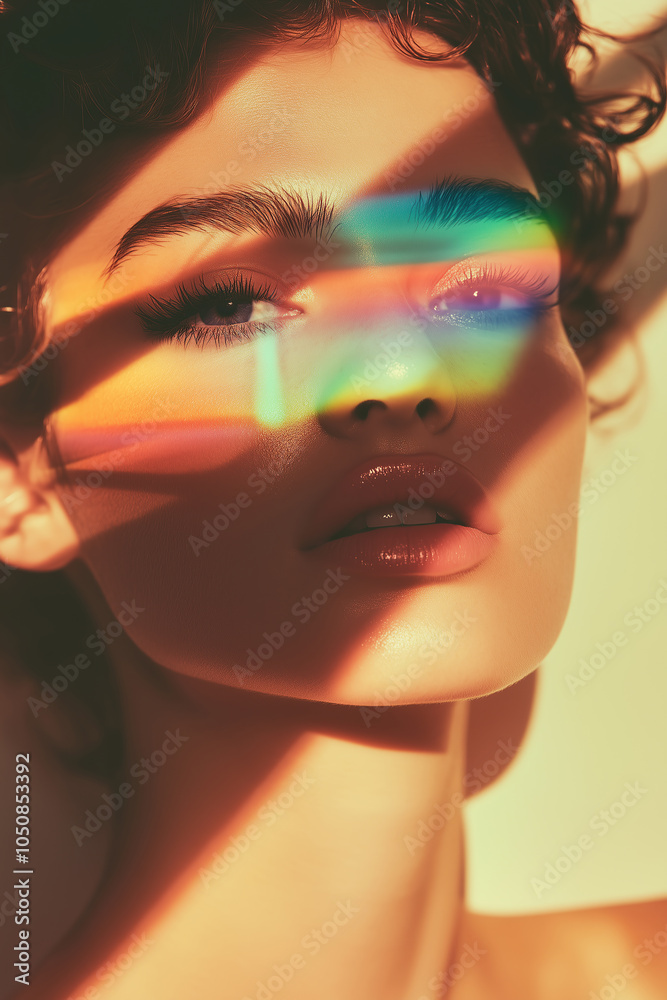 Fototapeta premium Fashion beauty concept. Close up portrait of beautiful young woman with perfect make-up in night club. Disco lights. Poster style. Cool atmosphere. Indoor shot
