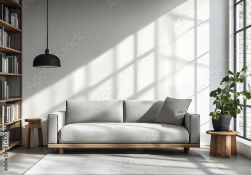 Modern living room with a stylish grey sofa, natural light, and minimal decor...
