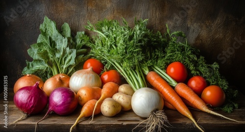 Freshly harvested vegetables arranged on a rustic wooden table with rich colo...