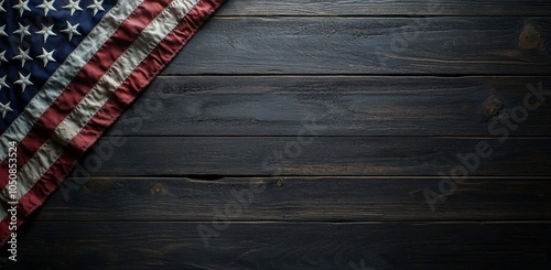 Rustic wooden backdrop with an American flag displayed in the corner during d...