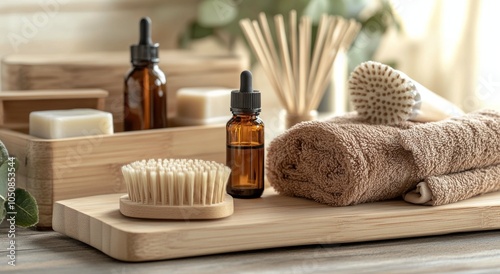 Spa essentials arranged neatly on a wooden surface with towels, oils, and nat...