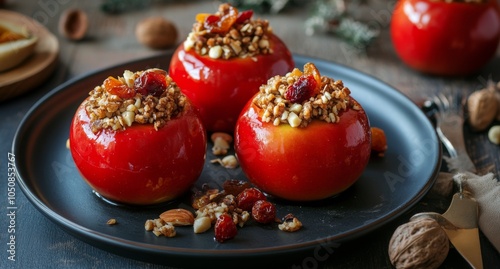 Baked apples with nuts and dried fruits served on a festive table during the ...