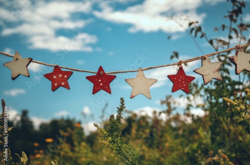 Colorful stars hanging outdoors against a blue sky with clouds on a sunny day