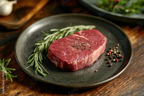 Fresh raw beef steak with herbs and spices on a gray plate at a kitchen setting