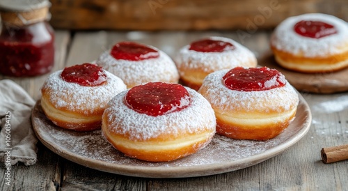 Freshly baked jelly-filled doughnuts on a rustic wooden table with jam jar ne...