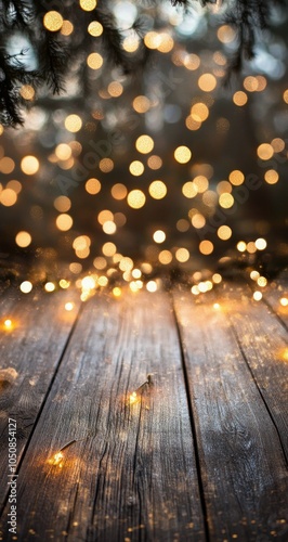 Soft golden bokeh lights glimmering on a wooden surface during a festive even...