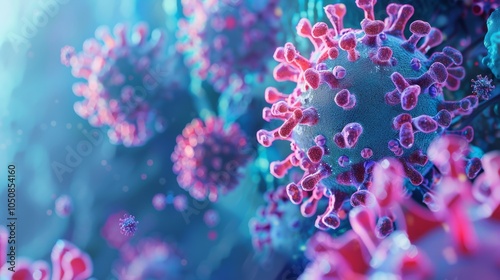 Illustration of coronaviruses in a microscopic view, showing virus structure and cellular background photo