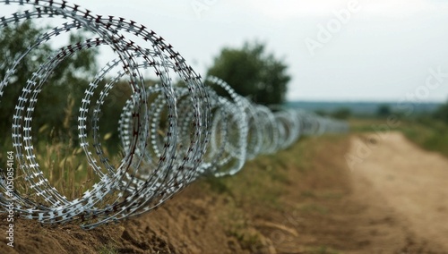 Barbed wire fencing along a dirt path in an open field under a clear sky