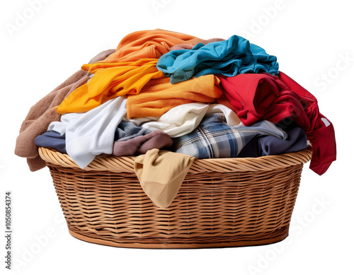 A laundry basket full of colorful clothes isolated on a white background
 photo