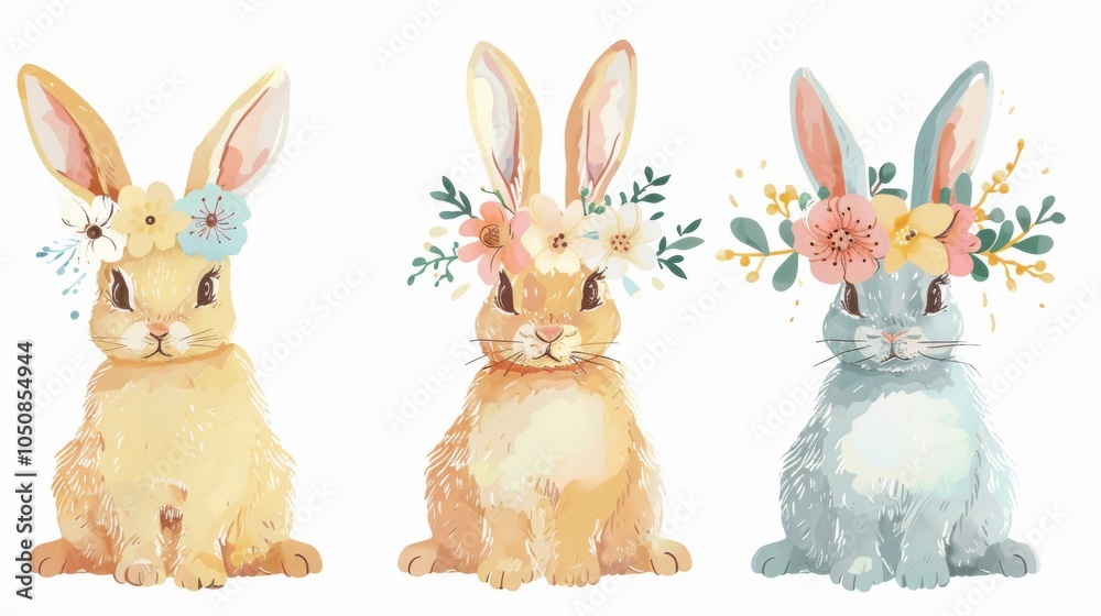 Obraz premium Playful Easter bunnies with floral crowns and pastel eggs, vector illustration on a white background