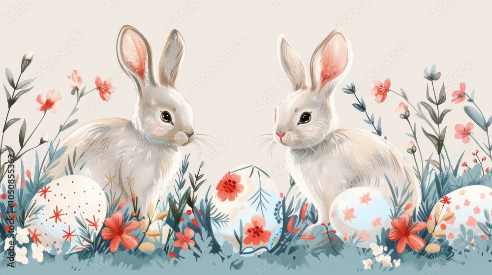 Obraz premium Playful Easter bunnies with floral crowns and pastel eggs, vector illustration on a white background
