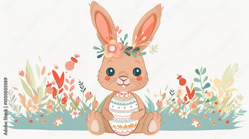 Playful Easter bunnies with floral crowns and pastel eggs, vector illustration on a white background Playful Easter bunnies with floral crowns and pastel eggs, vector illustration on a white background