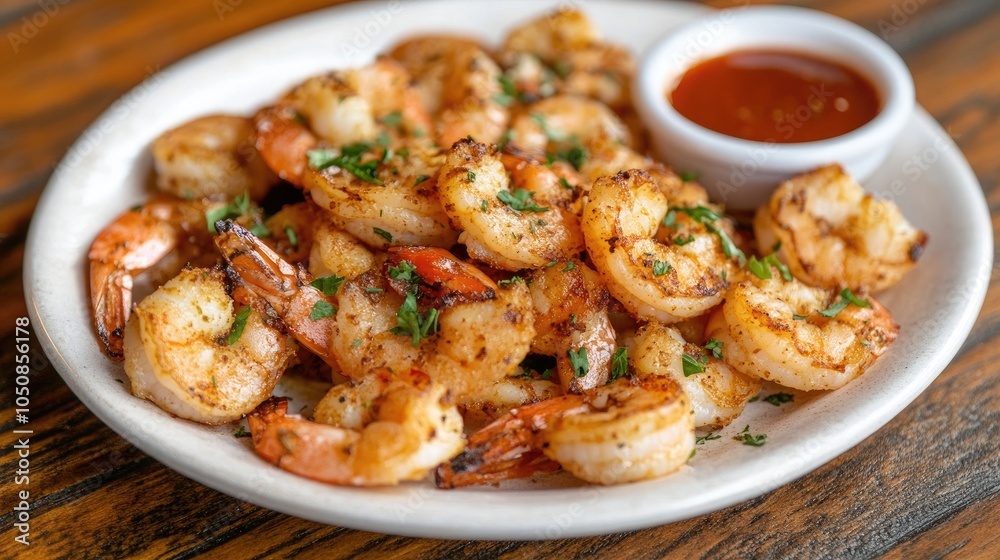 Grilled Shrimp Dish with Spicy Sauce Served on Plate Grilled Shrimp Dish with Spicy Sauce Served on Plate