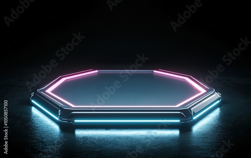 Glowing hexagonal stage with neon lights in a dark setting, perfect for music performances or events at night