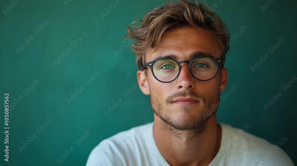 Obraz premium Confident young man with stylish eyeglasses and trendy green background, Generative AI