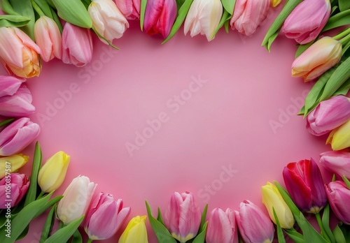 Colorful tulips arranged in a heart shape on a pink background for a cheerful...