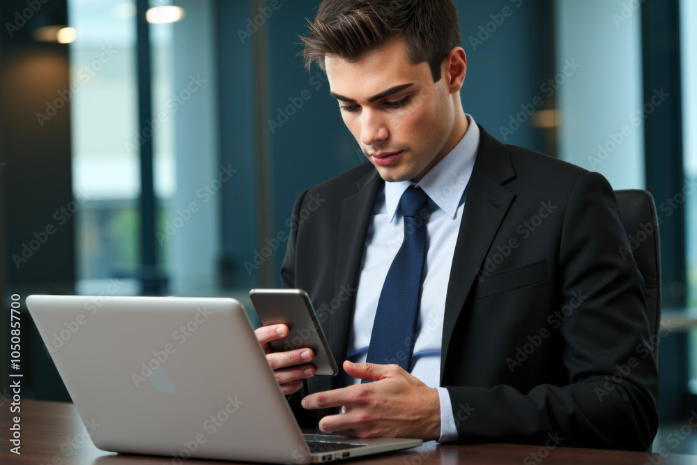 Businessman working on laptop and using smartphone at office desk Businessman working on laptop and using smartphone at office desk