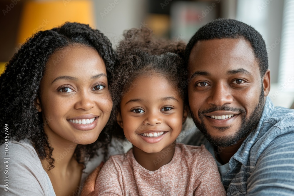 Young family smiling happily in their living room at home, Generative AI