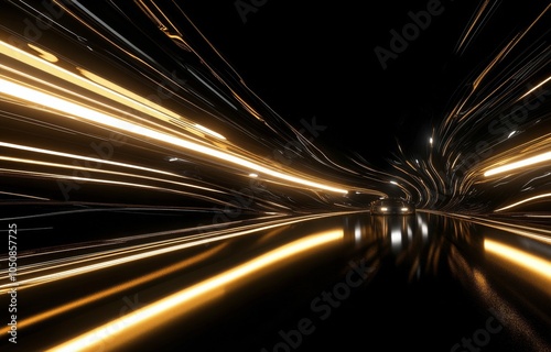 Illuminated tunnel showcasing bright streaks of light flowing through a curve...