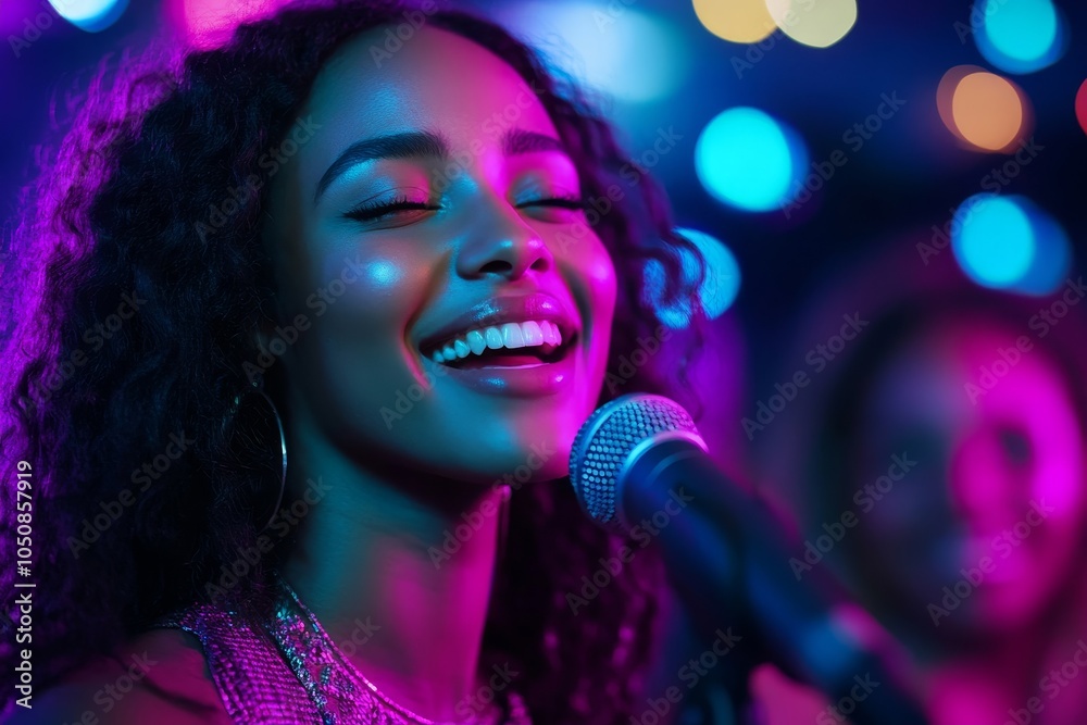 Friends singing together on karaoke night, Generative AI Friends singing together on karaoke night, Generative AI