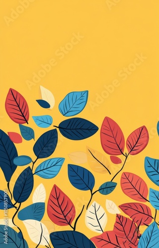 Colorful leaf patterns with vibrant hues against a bright yellow background