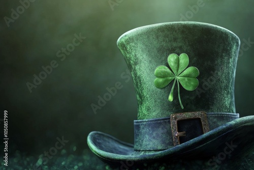 Green felt hat with a clover on a textured backdrop for St. Patrick's Day