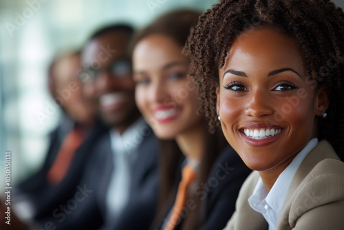 Cheerful job applicants sitting together in a row, Generative AI