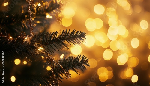 Sparkling Christmas tree adorned with golden ornaments and lights during a fe...