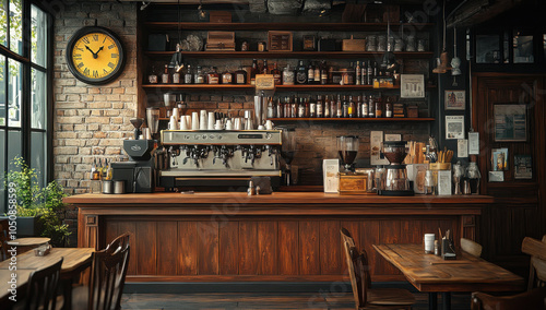 Interior design of cafe with wooden vintage style, decorated with warm and cozy tones, relaxing tones with classic old wood round corner counter and coffee machinery