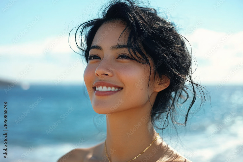 Close-up of smiling woman with wavy hair and bohemian jewelry at the seaside Close-up of smiling woman with wavy hair and bohemian jewelry at the seaside