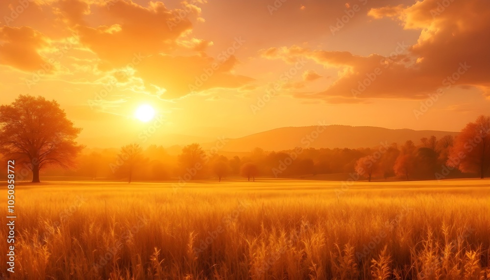 A stunning sunset casting warm golden hues over a vast field, dotted with silhouettes of trees, creating a serene and picturesque landscape ideal for nature lovers A stunning sunset casting warm golden hues over a vast field, dotted with silhouettes of trees, creating a serene and picturesque landscape ideal for nature lovers