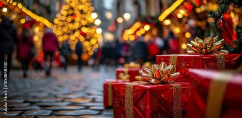 Festive holiday market scene with Christmas gifts and twinkling lights in the...