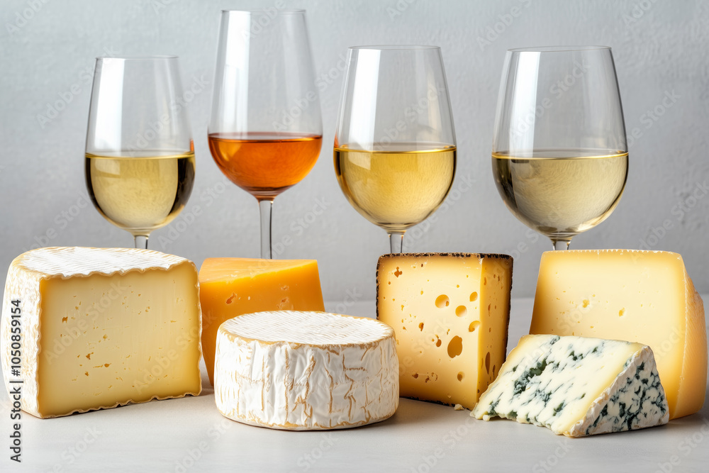 Glasses of white wine with varieties of cheese on plain background. Concept wine and cheese pairing Glasses of white wine with varieties of cheese on plain background. Concept wine and cheese pairing