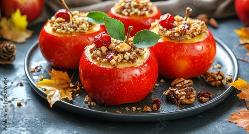 Baked apples with nuts and dried fruits served on a festive table during the ...
