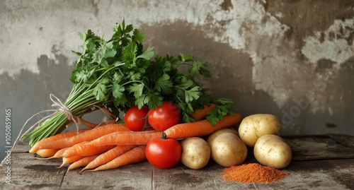 Fresh vegetables and herbs arranged on a rustic wooden table for healthy cooking