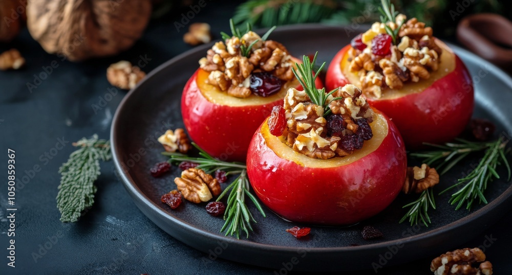 Deliciously baked apples filled with nuts and dried fruits on a dark table setting Deliciously baked apples filled with nuts and dried fruits on a dark table setting