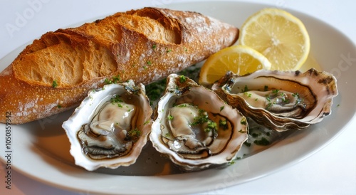 Fresh oysters served with a slice of lemon and a baguette on a white plate in...