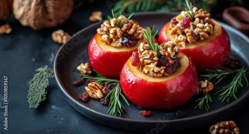 Deliciously baked apples filled with nuts and dried fruits on a dark table se...