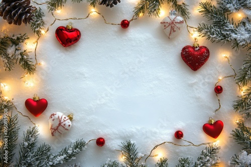 Festive holiday decoration with red hearts, lights, and snow creating a cheer...