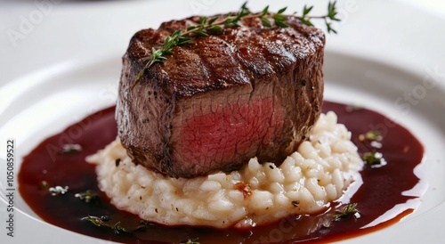 Juicy steak with creamy risotto garnished with fresh herbs on a fine dining p...