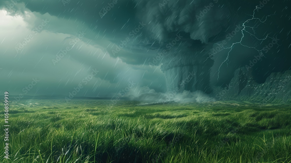 A powerful tornado, a large dark gray storm cloud with white edges over the green grass field A powerful tornado, a large dark gray storm cloud with white edges over the green grass field