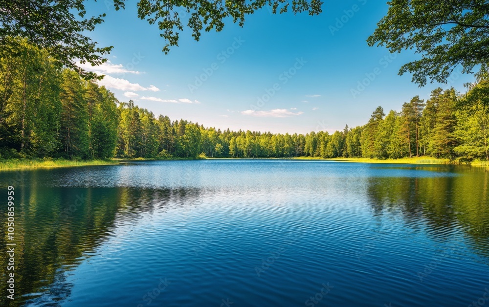 Fototapeta premium A peaceful lake reflecting blue skies and lush greenery under bright sunlight in summer