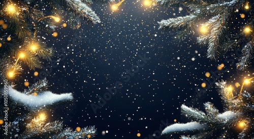 A stunning winter scene with snow-covered pines and glowing lights on a dark ...