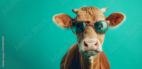 A brown cow wearing stylish tortoiseshell sunglasses stands against a vibrant teal background. This humorous and creative image conveys fun, summer, and individuality, perfect for marketing and advert photo