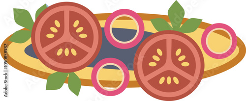 Oval dish presenting sliced tomatoes and onions with basil leaves, suggesting a fresh and flavorful culinary experience
