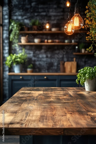 Dark kitchen with wooden table and soft lighting on fuzzy kitchen background.