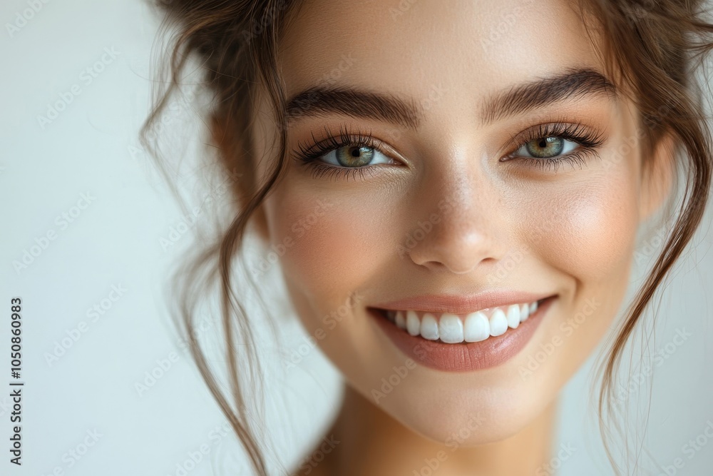 Naklejka premium Woman with makeup smiling in a studio, Generative AI