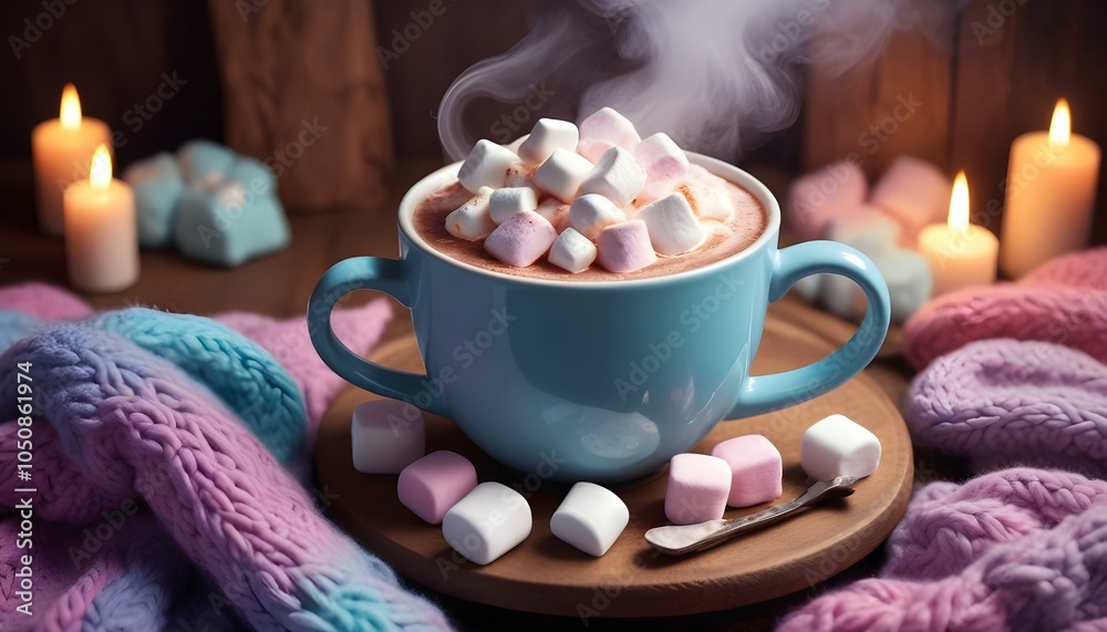 A surreal and dreamlike scene featuring a steaming mug of hot chocolate, surrounded by whimsical elements like floating marshmallows and a softly blurred winter background A surreal and dreamlike scene featuring a steaming mug of hot chocolate, surrounded by whimsical elements like floating marshmallows and a softly blurred winter background