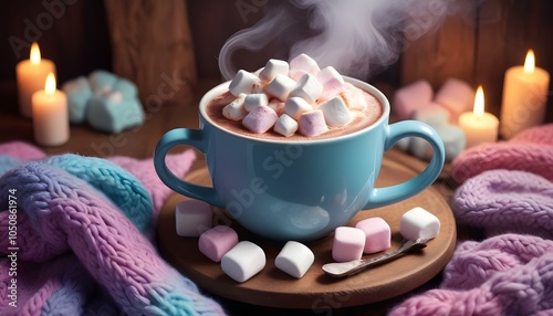 A surreal and dreamlike scene featuring a steaming mug of hot chocolate, surrounded by whimsical elements like floating marshmallows and a softly blurred winter background photo