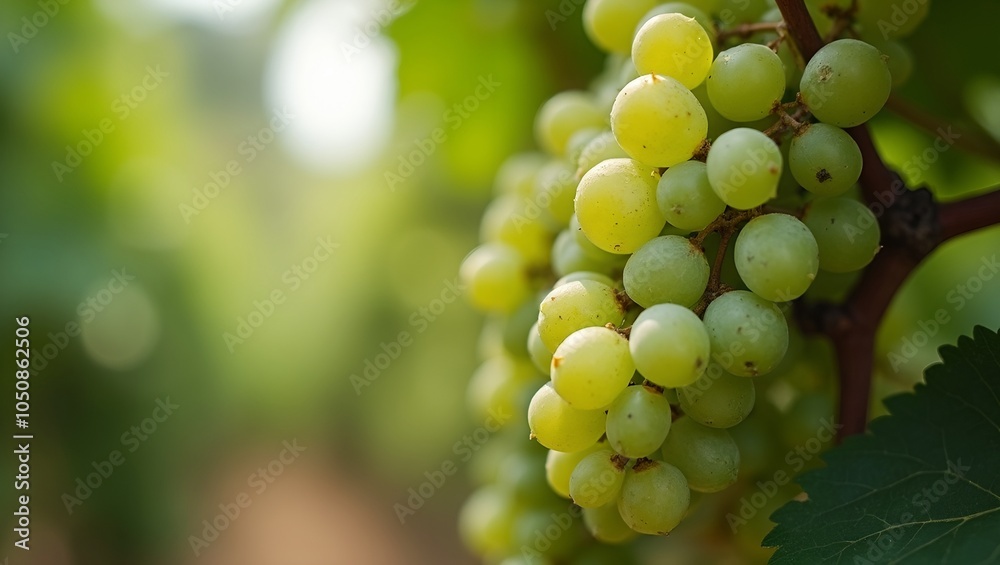 Fresh green grapes on the vine translucent and juicy